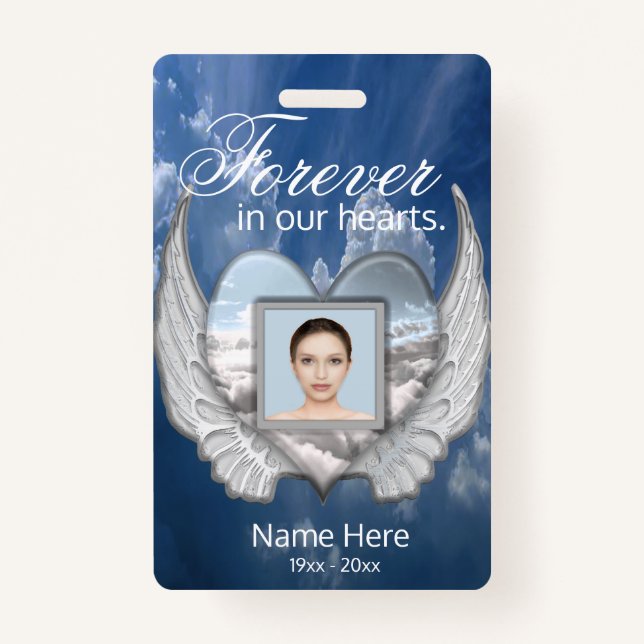 Badge Custom Memorial Angel Wings Heart Ajouter une phot (Devant)