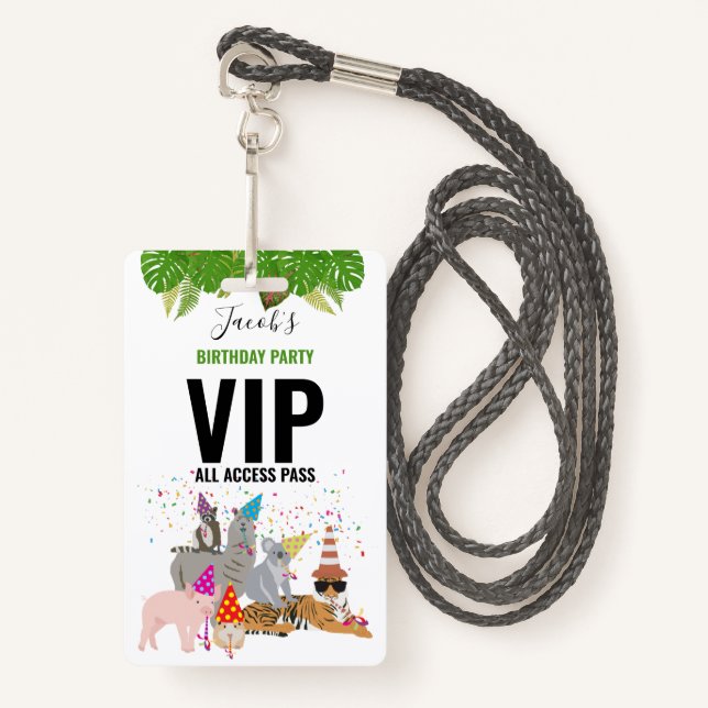 Badge Custom Safari Jungle Zoo Anniversaire Party Pass F (Devant avec lanière)