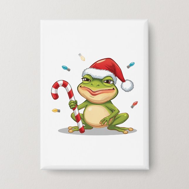 Badge Cute Christmas Frog With Candy Cane - Funny Holida (Recto)