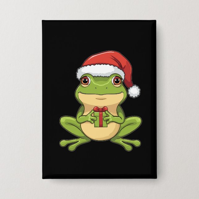 Badge Cute Christmas Frog with Santa Hat Holding  Gift - (Recto)