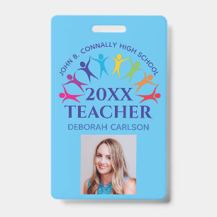 Badge Cute Custom School Teacher Rainbow Nom bleu