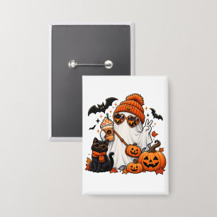 Badge Cute Halloween Ghost & Black Cat – Spooky Autumn