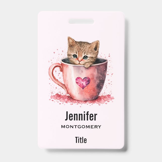 Badge Cute Kitten dans un Teacup avec les coeurs (Avant)