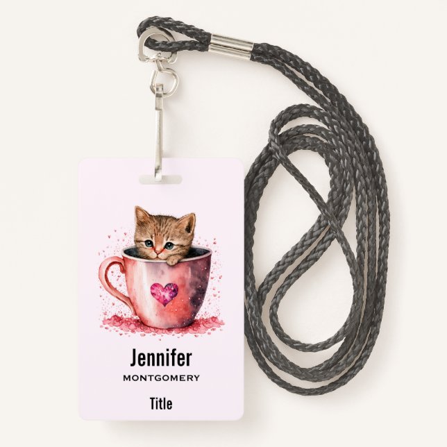 Badge Cute Kitten dans un Teacup avec les coeurs (Devant avec lanière)
