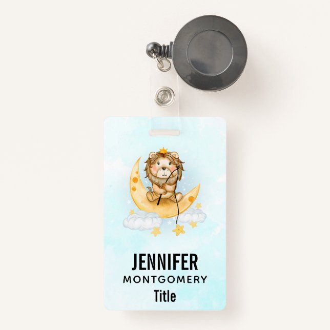 Badge Cute Lion Pêche sur l'aquarelle de la lune (Front with Retractable)