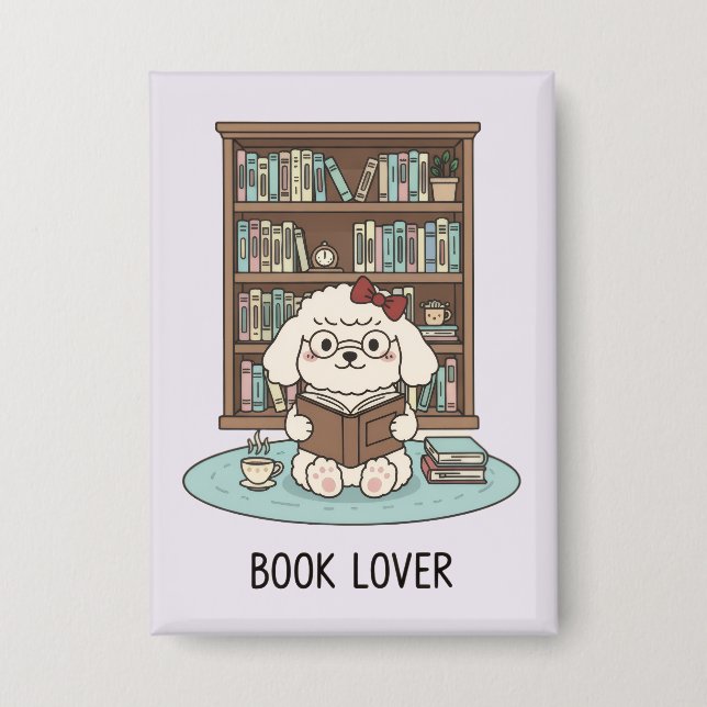 Badge Cute Poodle Puppy Dog "Book Lover" Pastel Button  (Recto)