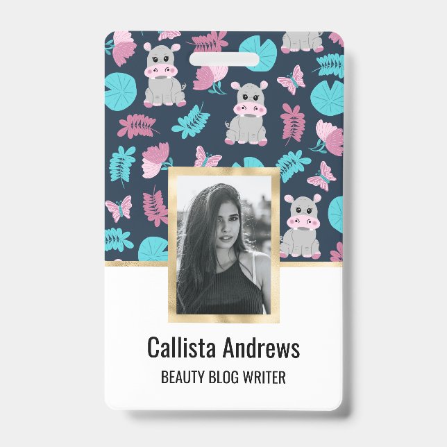 Badge Cute rose Turquoise Hippo Papillon Floral Lily Pad (Front)