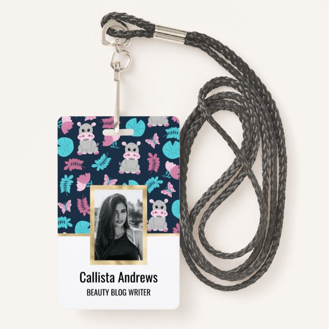 Badge Cute rose Turquoise Hippo Papillon Floral Lily Pad (Devant avec lanière)