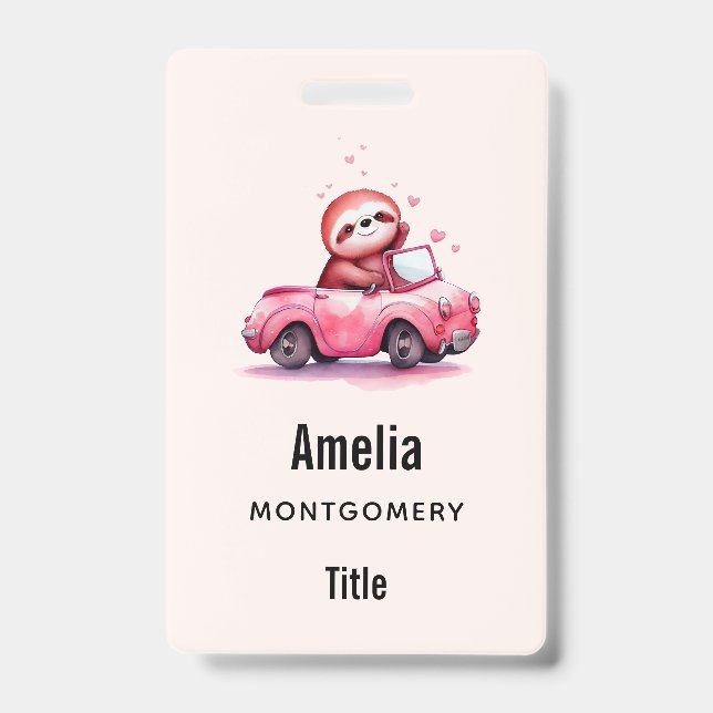 Badge Cute Sloth Driving a Pink Convertible (Avant)
