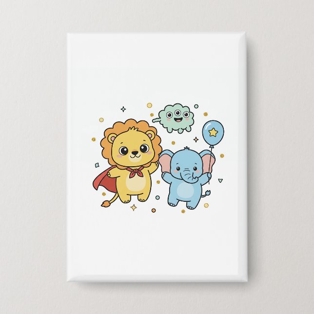 Badge Cute Superhero Lion and Elephant Friends Cartoon (Recto)