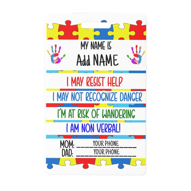 Badge d'alerte Autisme Nonverbal (Autism Alert Nonverbal Autistic Contact Badge)