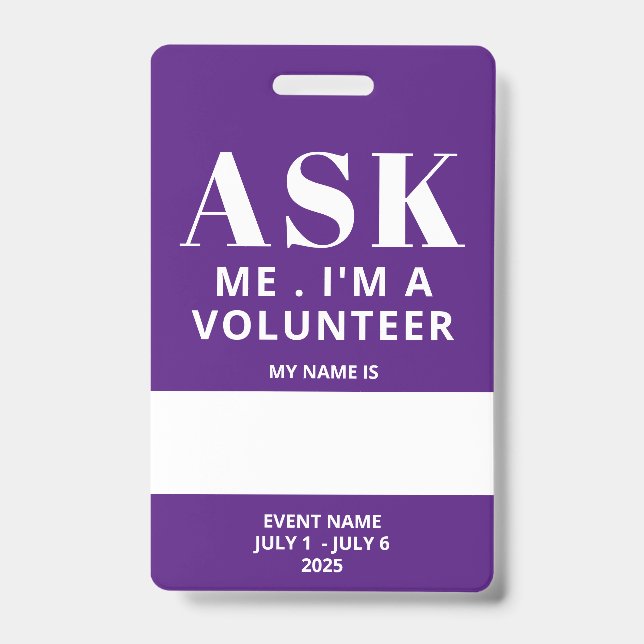 Badge de bénévole avec nom à remplir en violet (Avant)