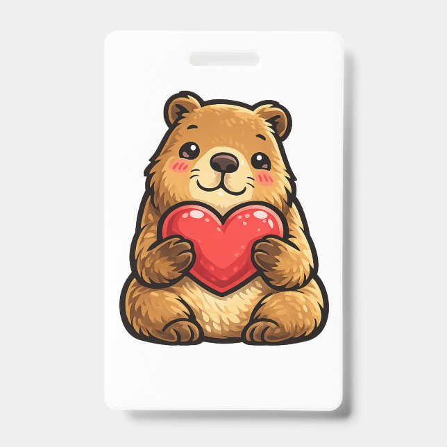 Badge de capybara mignon tenant un cœur (Avant)
