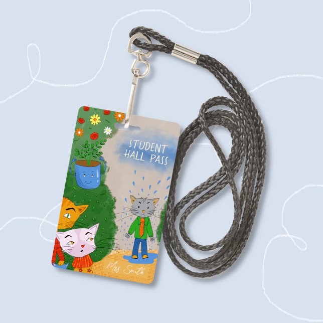 Badge de carte de visite de salle de dessin animé  (Funny silly cartoon cats student hall pass badge .)