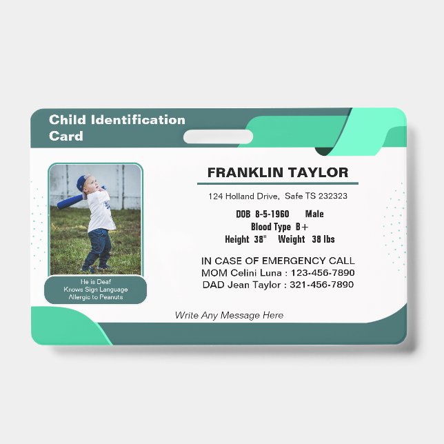 Badge de carte d'identité d'urgence photo enfant (Avant)