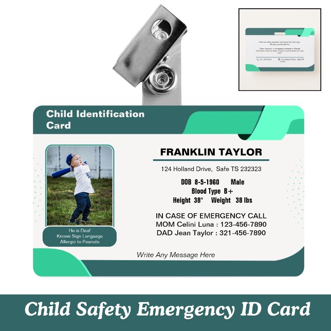 Badge de carte d'identité d'urgence pour enfants (Child Safety Emergency ID Card)