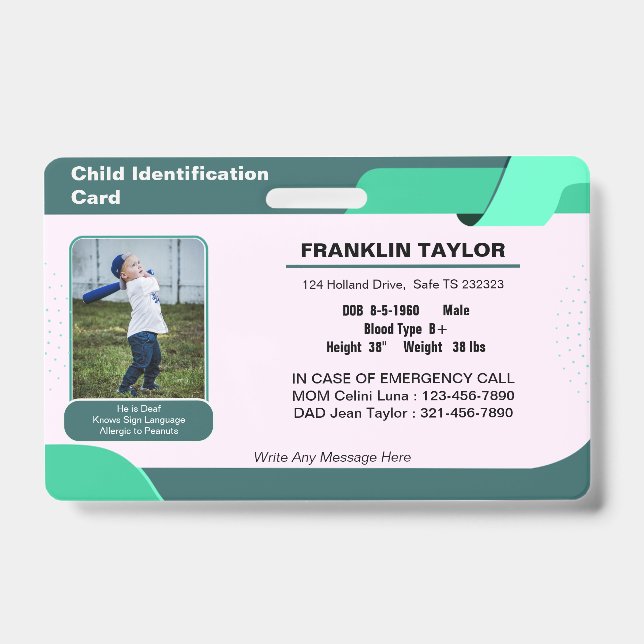 Badge de carte d'identité d'urgence pour enfants a (Avant)