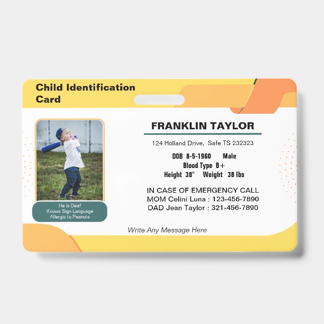 Badge de carte d'identité d'urgence pour enfants a (Avant)