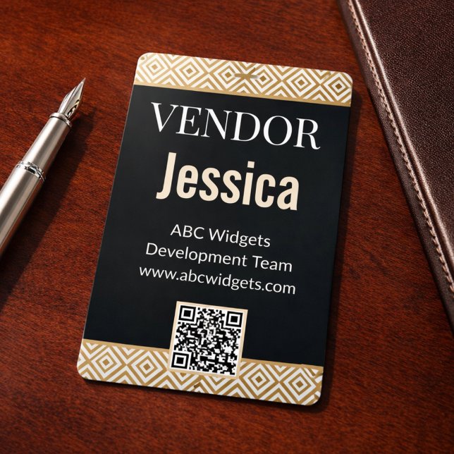 Badge de convention de vendeur élégant or noir ave (Elegant Badge for business trade shows, conventions, corporate events. )