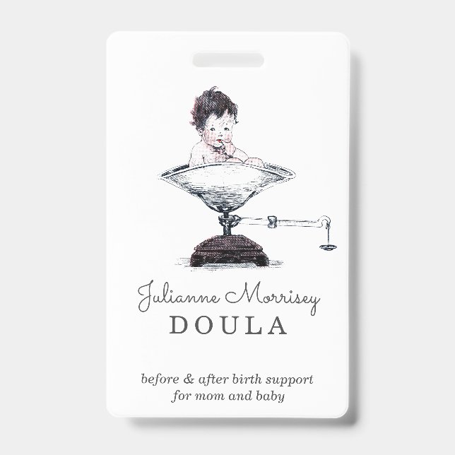 Badge de doula de bébé vintage sur balance (Avant)
