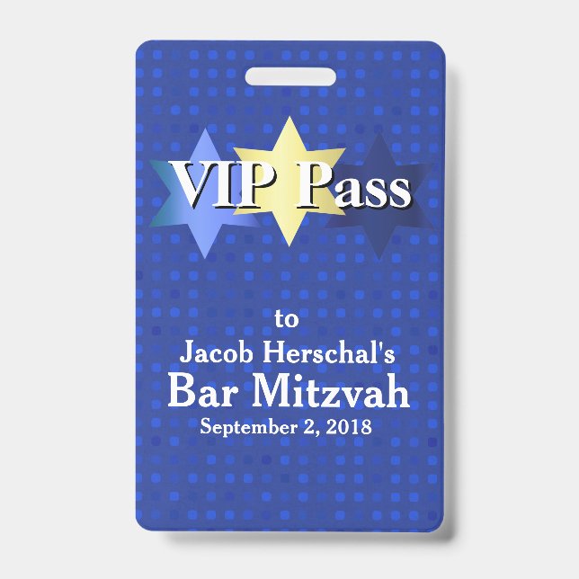 Badge de fête VIP Bar Mitzvah Bleu avec Étoiles (Avant)