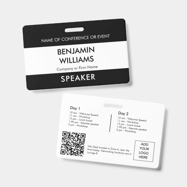 Badge de nom de conférencier QR Noir Blanc Logo ID (Avant & arrière)