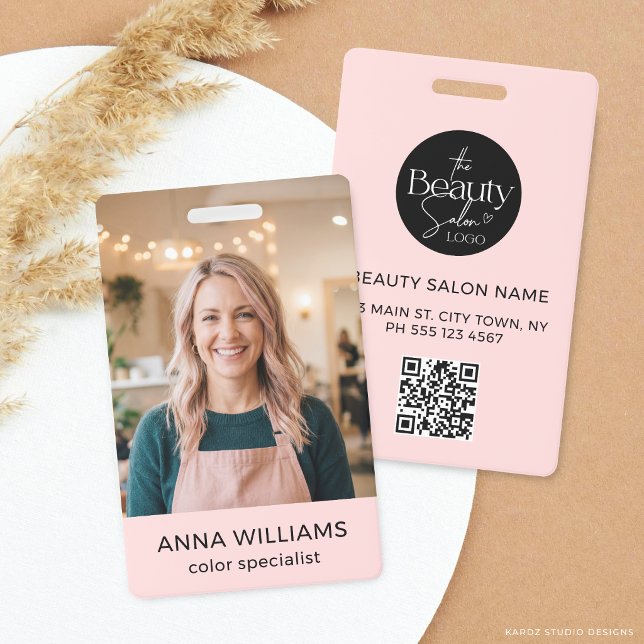 Badge de nom d'identité de photo de salon rose Blu (Customize and choose attachment.)