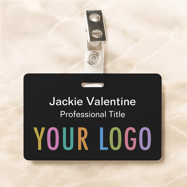 Badge de nom en PVC noir avec cordon ou bobine (MISOOK Black Horizontal Name Badge with Logo on Bottom)