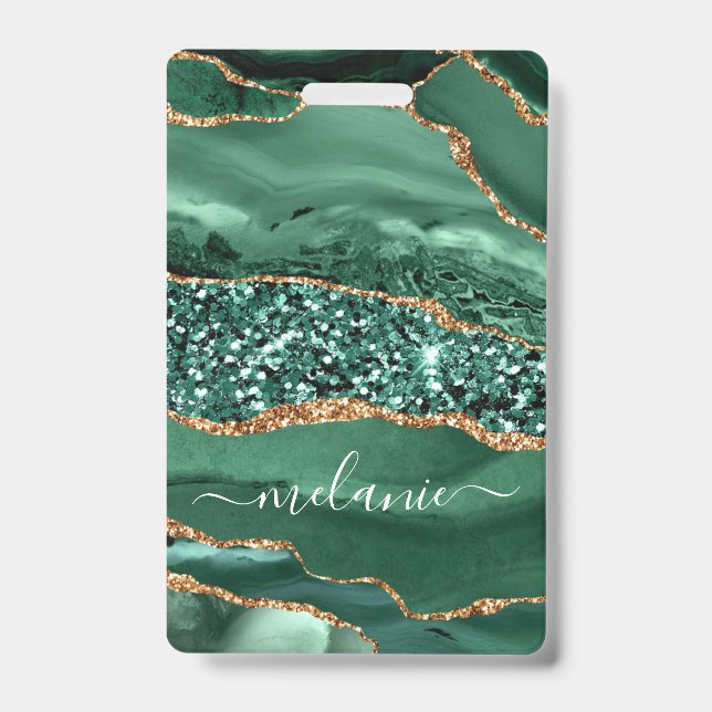 Badge de nom personnalisé Agate Vert Or Paillettes (Avant)
