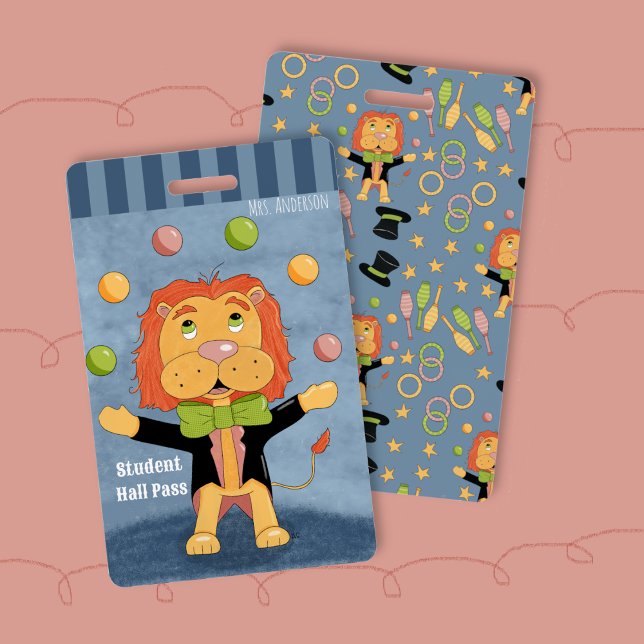 Badge de passage amusant pour le hall de l'école a (Fun circus juggling lion elementary school student hall pass badge)