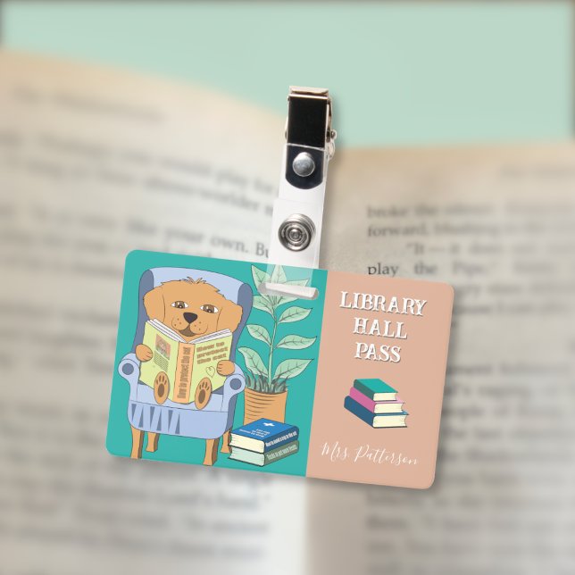 Badge de passage de la bibliothèque horizontale po (Cartoon reading dog horizontal library hall pass badge .)
