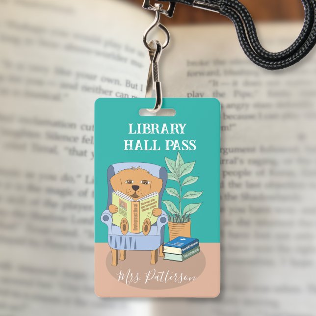 Badge de passage de salle de lecture de chien de d (Fun reading dog elementary school library hall pass badge .)