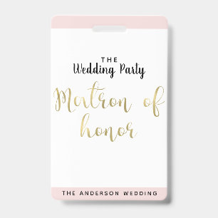 Badge de passe VIP de mariage en or de la Matrone 