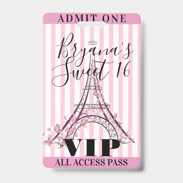 Badge de passe VIP pour fête Sweet 16 à la Tour Ei (Avant)