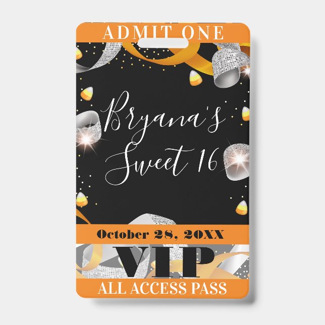 Badge de passe VIP pour la fête Sweet 16 Halloween (Avant)