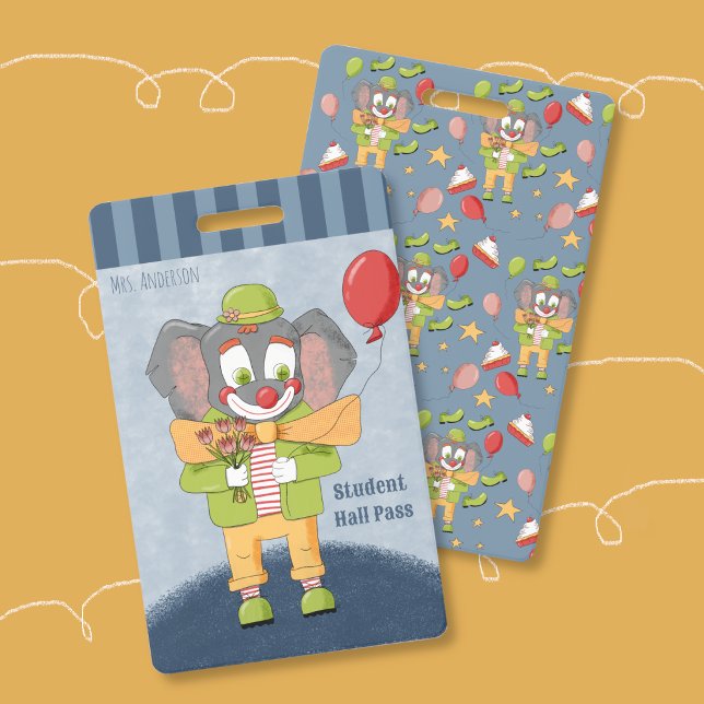 Badge de passeport de salle thème cirque éléphant  (Circus Theme Clown Elephant Student Hall Pass Badge .)