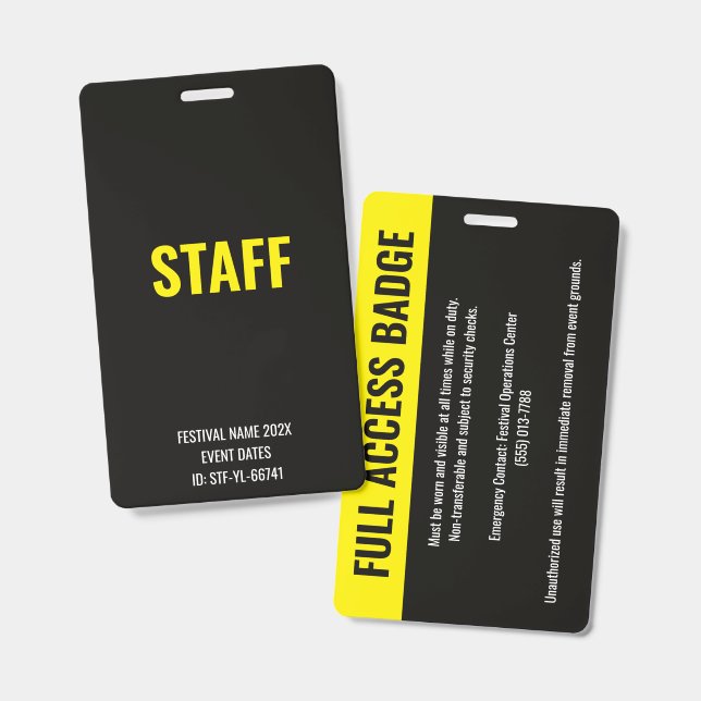Badge de personnel de festival avec accès complet  (Avant & arrière)