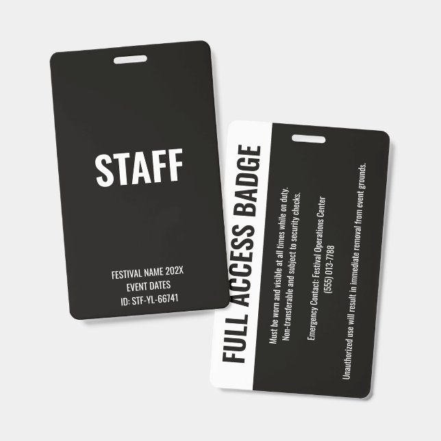 Badge de personnel de festival d'accès complet Mus (Avant & arrière)