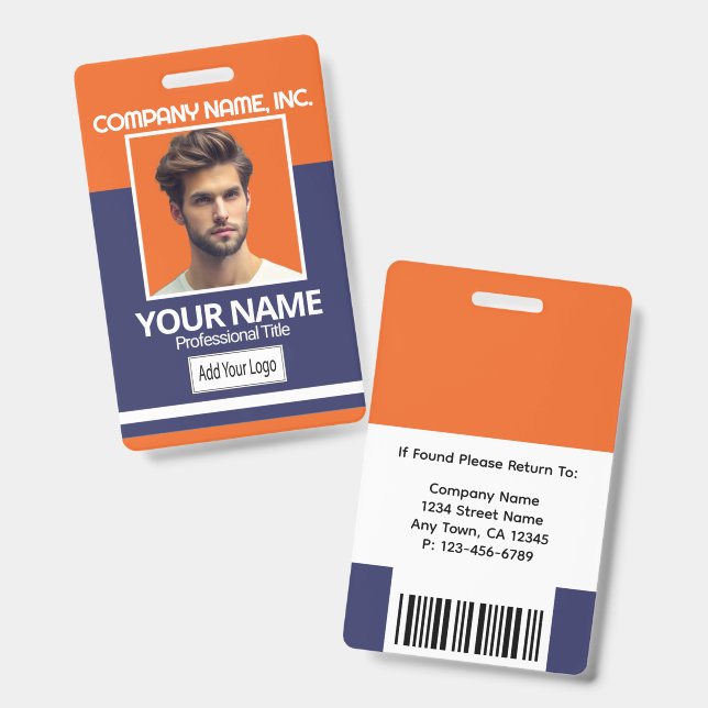 Badge de photo de l'employé - Orange, Blanc, Bleu  (Avant & arrière)