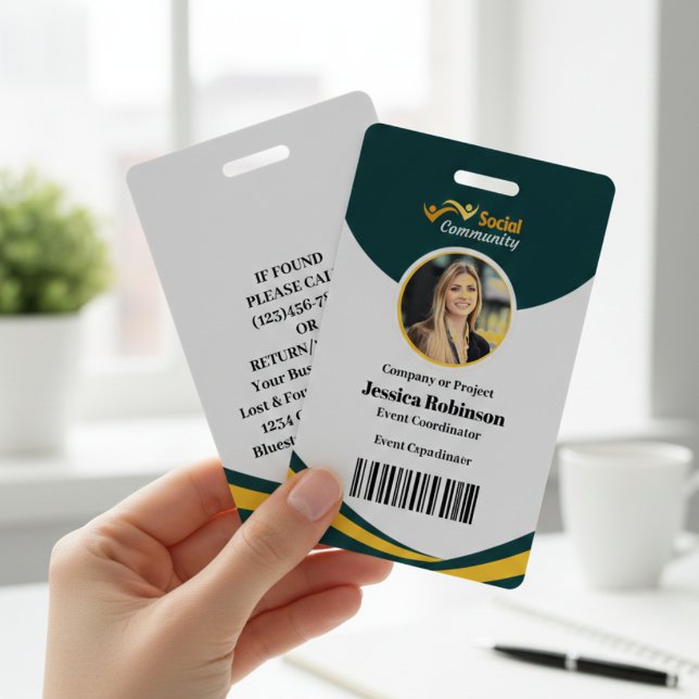 Badge de photo d'employé vert moderne avec code-ba (Employee Photo ID Barcode Modern Green Access Badge)