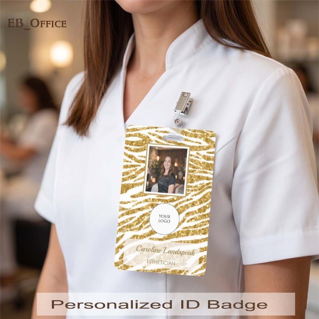 Badge de photo d'identification à paillettes zèbre (Chic Gold Glitter Custom Logo Photo ID Vertical Badge
Size: 2.13” x 3.38”
)