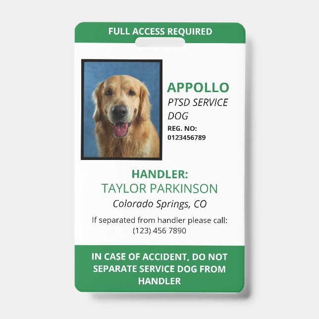 Badge de photo d'identification de chien de servic (Avant)