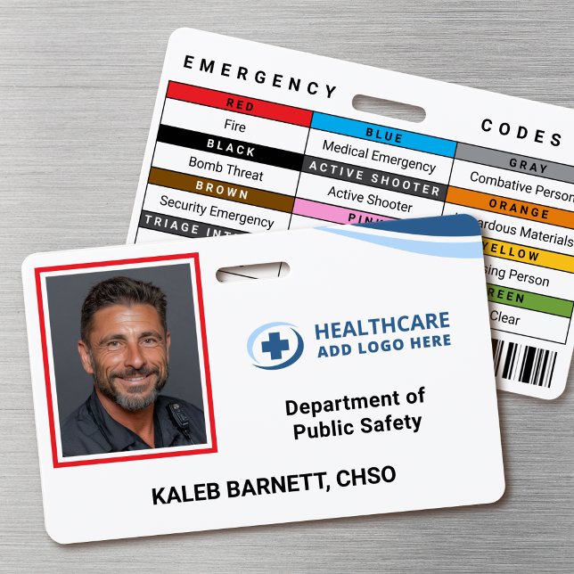 Badge de photo d'identification d'employé d'hôpita (Double-sided photo ID badge with custom emergency codes and barcode image)
