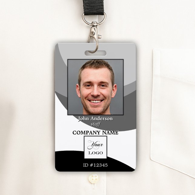 Badge de photo d'identité de logo noir et blanc (Photo ID badge featuring a black and white design with a space for your custom photo and logo)