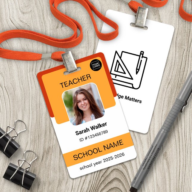 Badge de photo d'identité de professeur jaune oran (Teacher Photo ID Badge School Staff Yellow Orange)