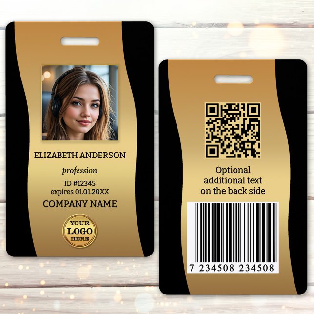 Badge de photo d'identité élégant or noir (Elegant black and gold design employee photo badge with your custom photo and logo)