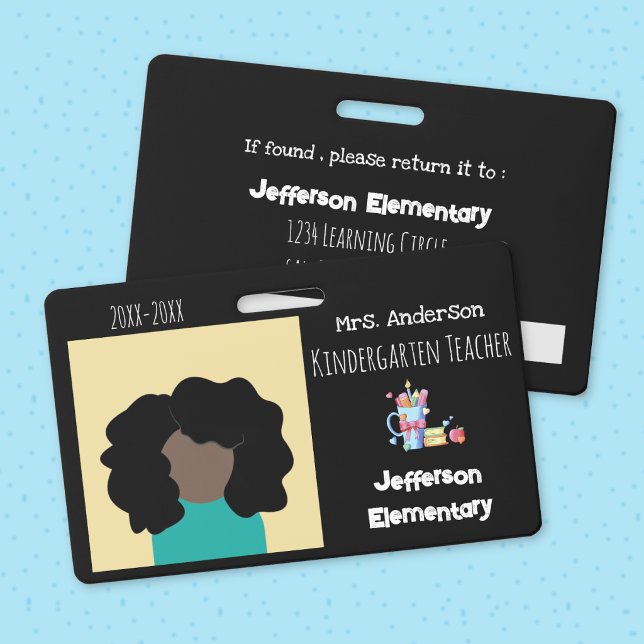 Badge de photo d'identité noir pour enseignant en  (Elementary school or daycare teacher horizontal double-sided photo ID badge . )