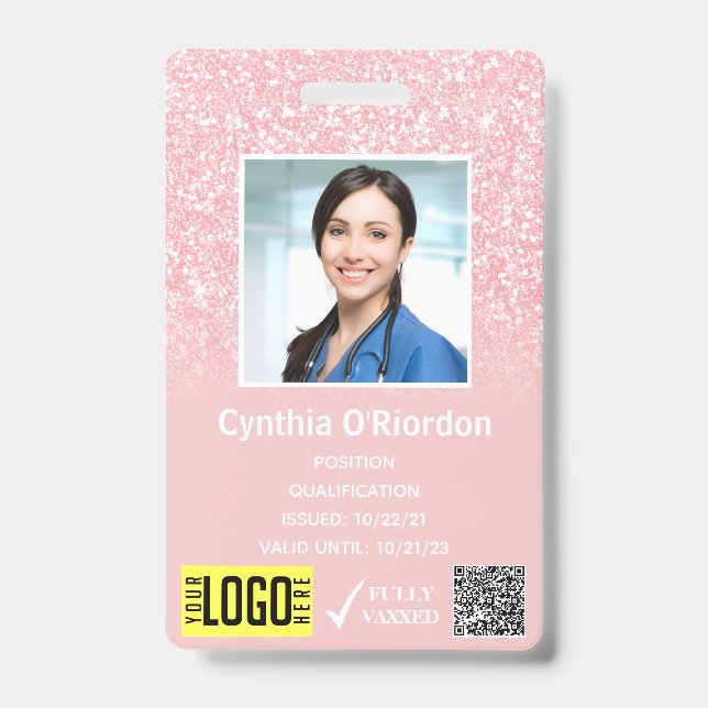 Badge de photo ID QR code barre rose pailleté (Avant)