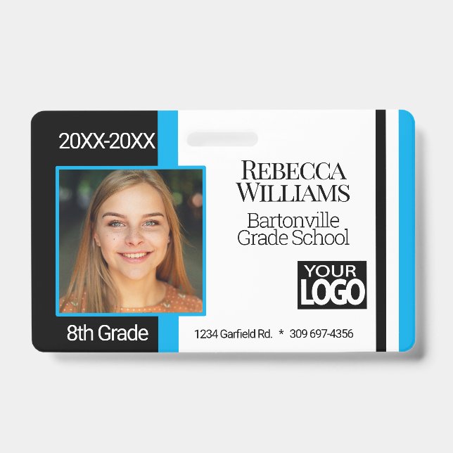 Badge de photo scolaire - Bleu bébé, Noir Blanc (Avant)