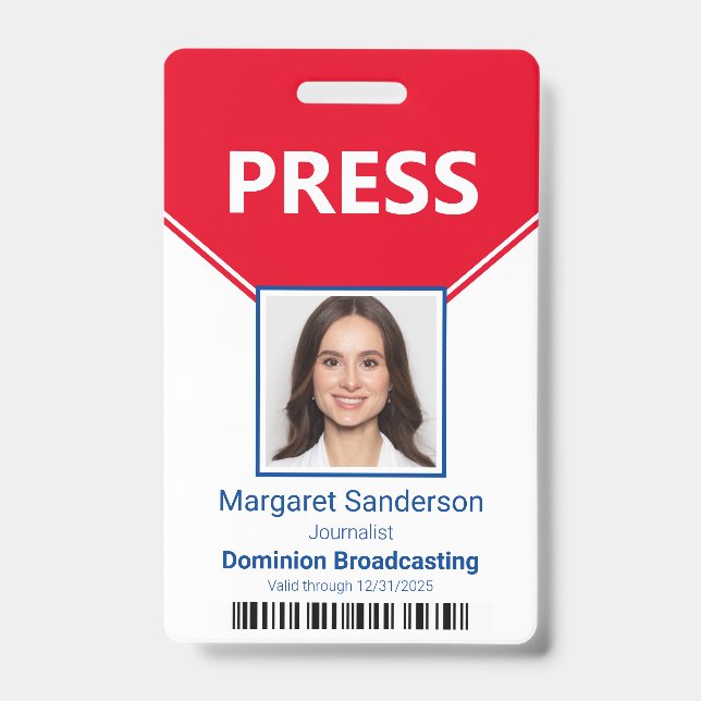 Badge de presse éditorial avec photo et code-barre (Avant)